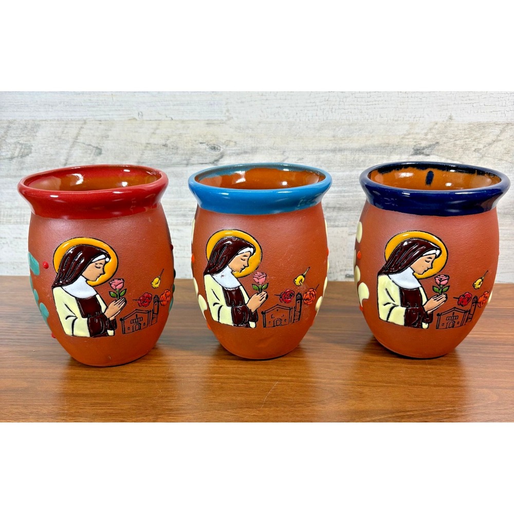 Saint Thérèse of Lisieux Mexico Terra Cotta  Hand Painted Clay Mugs Lot of Three